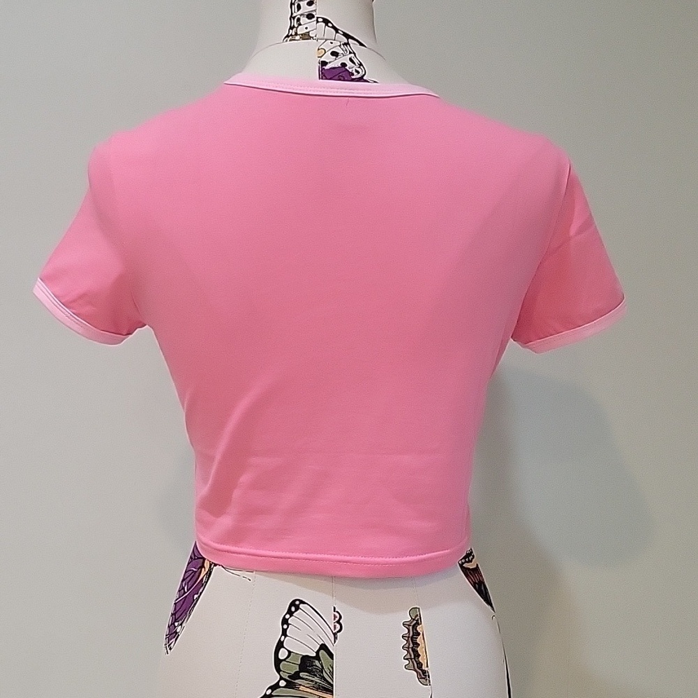 Pink crop top tee.  Size 8.  95% cotton with heart design sun moon patch. - Picture 3 of 5